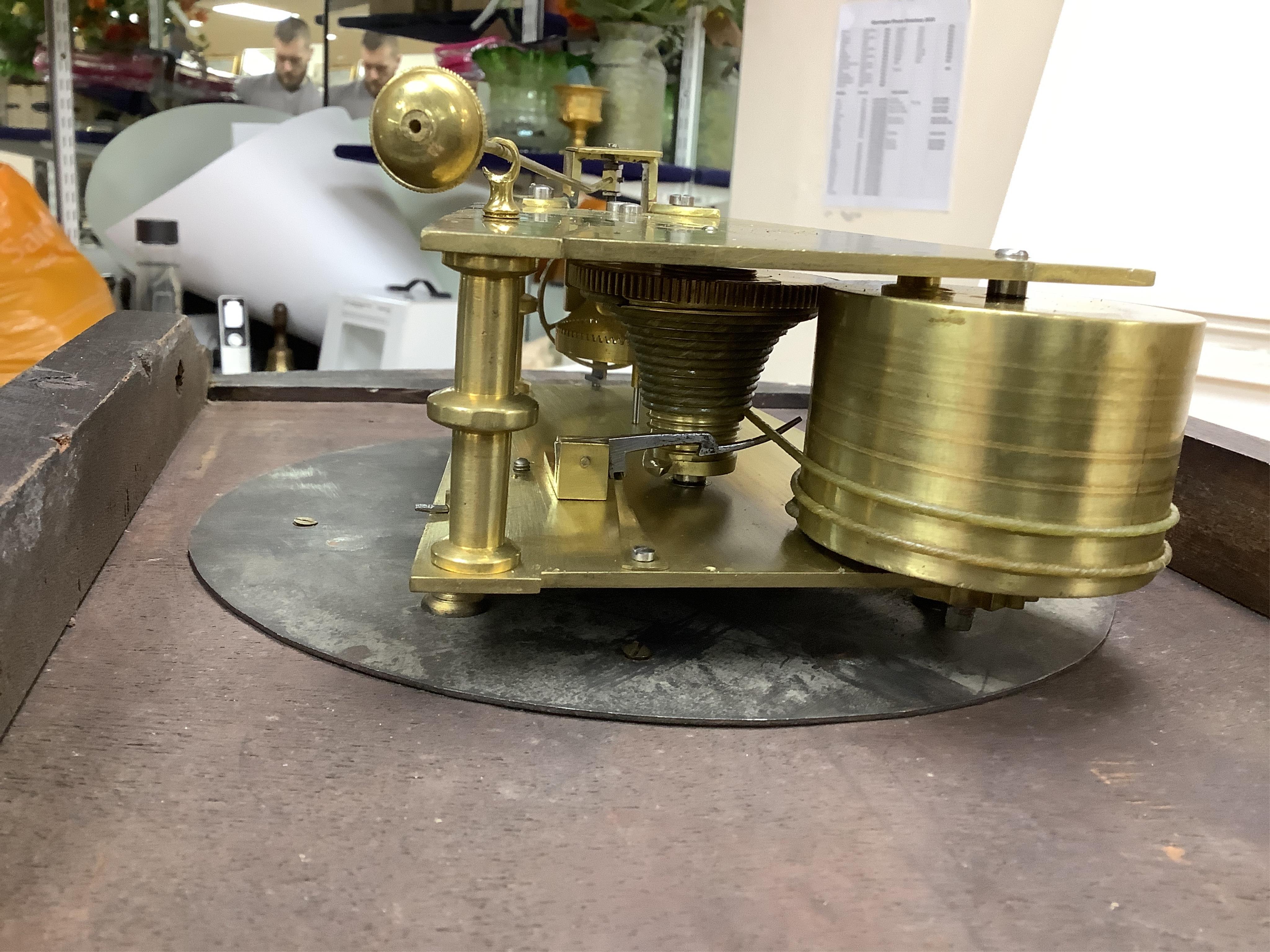 A large mahogany wall clock, William New, Trowbridge, with Roman numeral dial, associated single fusee movement with verge escapement, 49cm in diameter. Condition - fair to good, not tested